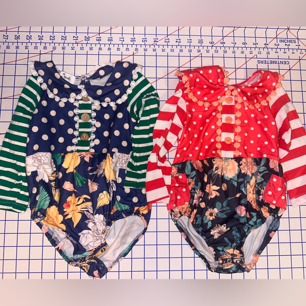 Cute Marie Nicole Floral & Polka Dot Baby Rompers - Corral & Navy